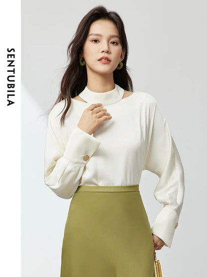 SENTUBILA Commute White Chiffon Blouse Cut Out Elegant Long Sleeve