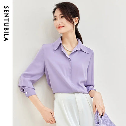 SENTUBILA Solid Office Blouse Chiffon Polo Neck Elegant Pearl Chain