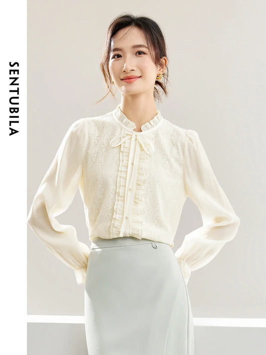 SENTUBIL Lace-up Ruffled Lace Blouse Elegant Button Up Blouse