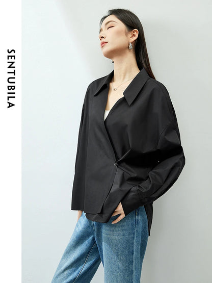 SENTUBILA V-neck Soft Cotton 100% Loose Black Drop Sleeve Button Up Asymmetric Blouse