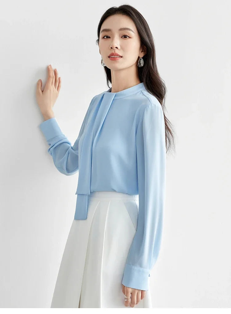 SENTUBILA Chiffon Ribbon Blouse Stand Collar Elegant Shirt