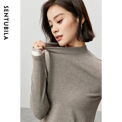 SENTUBILA Cotton Patchwork New Knitted Casual Half High Collar Pullover