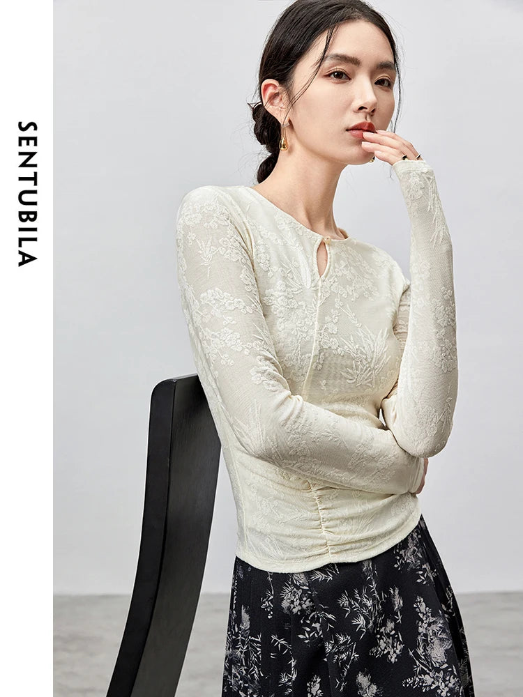 SENTUBILA Jacquard Hollow Out Lace T-shirt Chinese Style Elegant O Neck Long Sleeve Folds Pullover