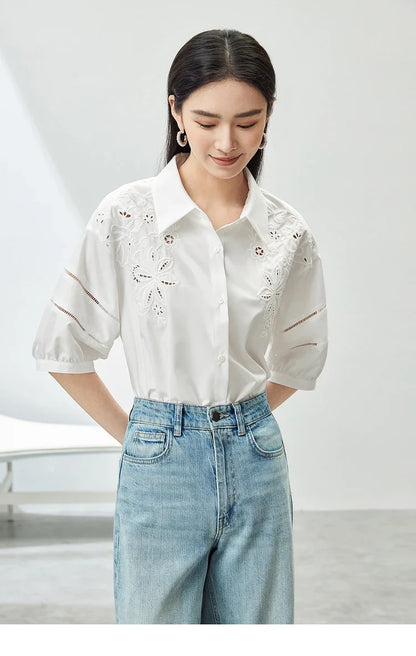 SENTUBILA White Floral Embroidery Hollow Out Three Quarter Sleeve Polo Collar Blouse