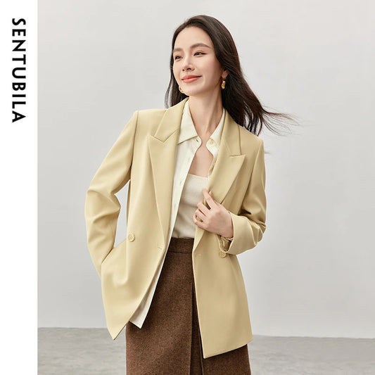 SENTUBILA Texture Straight Blazer Women Shoulder Pads Long Sleeve