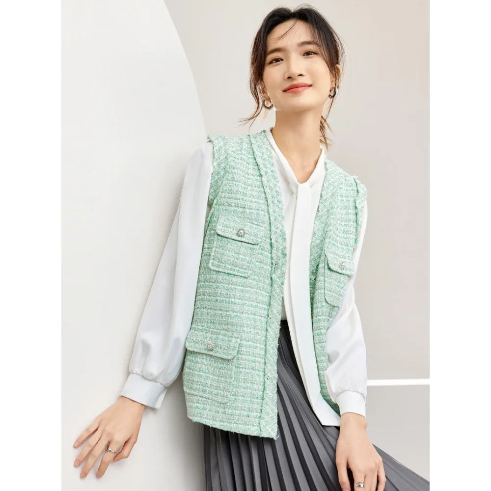 SENTUBILA V-neck Green Tweed Waistcoat