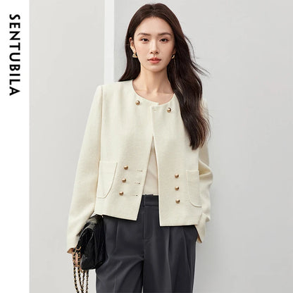 SENTUBILA Luxury Cropped Jackets Crew Neck Metal Double Breasted Party Outerwear