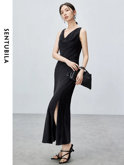 SENTUBILA Women Elegant Glossy Satin Black Dress Female 2024 Summer Slim Fit Sleeveless Slit Maxi Dress Party Club 142L55009