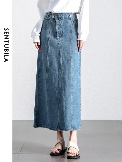 SENTUBILA High Waist Straight Split A-line Long Denim Skirts Retro Jean Maxi Skirt