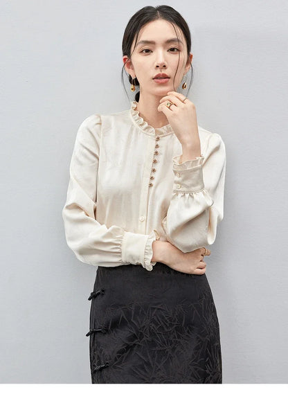 SENTUBILA Elegant Jacquard Shirt Chiffon Ruffles Sleeve Single Breasted Blouses