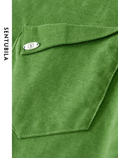 SENTUBILA Cotton Corduroy Shirt Lapel Single Breasted Green Loose Blouse