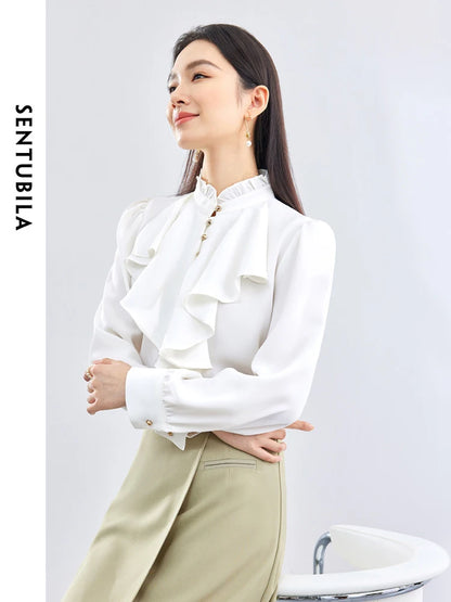 SENTUBILA Ruffles Chiffon White Shirts Spring Autumn Elegant Ruffled Collar