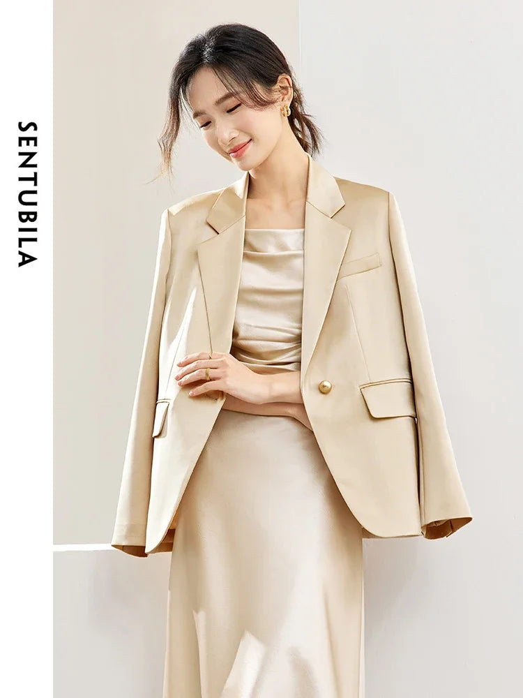 SENTUBILA Satin Blazer Notched Tailored Suit Jacket