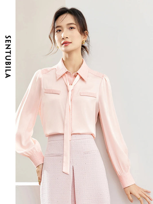 SENTUBILA Spliced Lace-up Bow Pink Blouse Elegant Long Sleeve