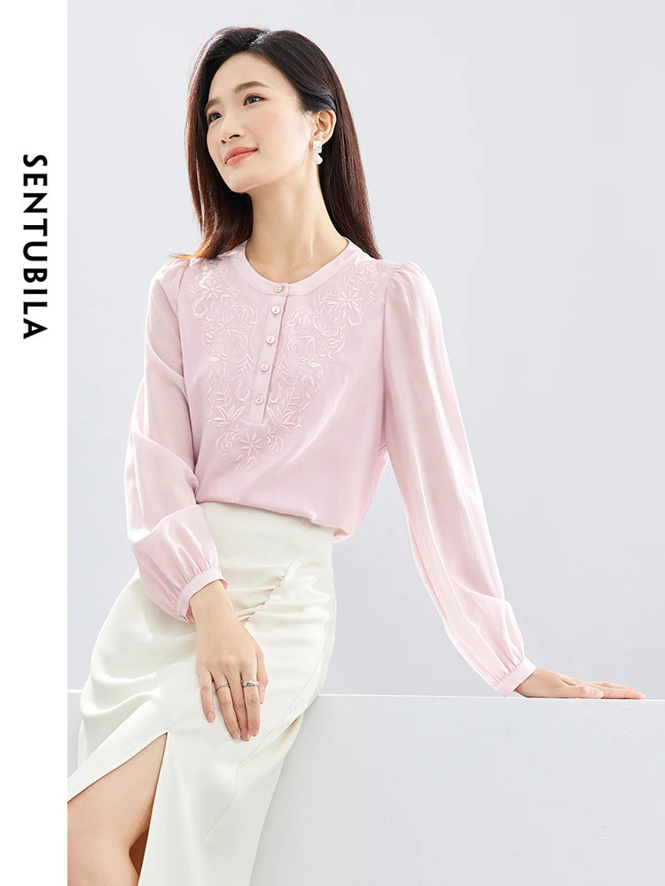 SENTUBILA Embroidery Pink Chiffon Shirts Blouse