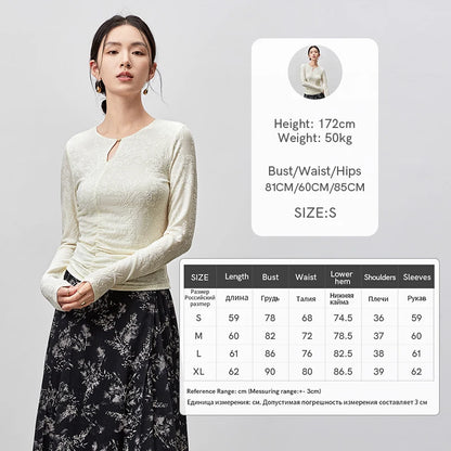 SENTUBILA Jacquard Hollow Out Lace T-shirt Chinese Style Elegant O Neck Long Sleeve Folds Pullover