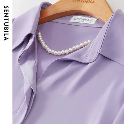 SENTUBILA Solid Office Blouse Chiffon Polo Neck Elegant Pearl Chain