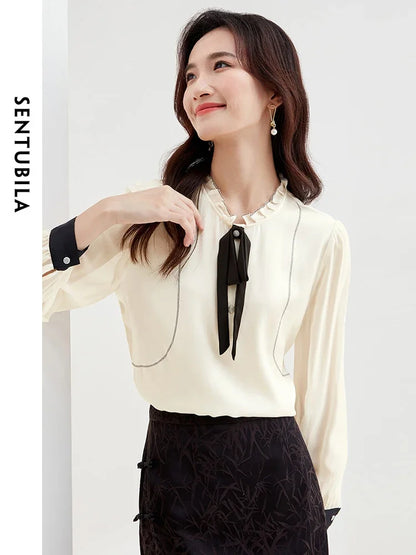 SENTUBILA Ruffled Bow Neck Chiffon Blouse Elegant Fashion Shirts Blouses