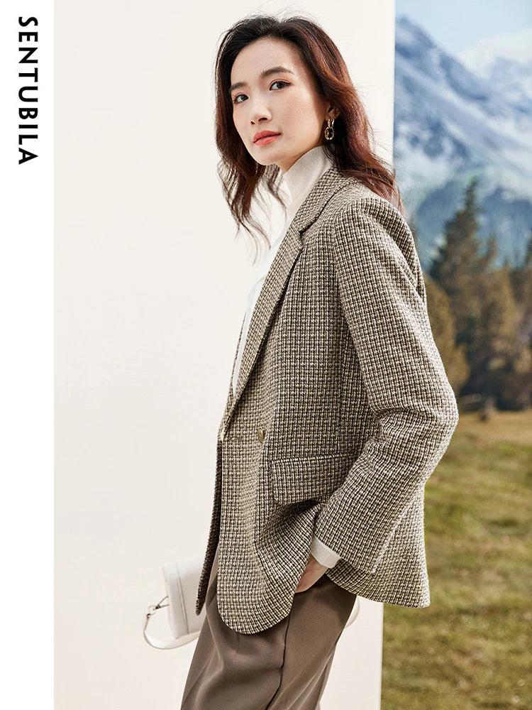 SENTUBILA Vintage Plaid Blazer Women Straight Tailored Coat