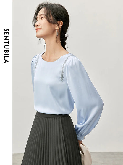 SENTUBILA Spliced Embroidery Blouse Chiffon Straight Crew Neck Puff Sleeve Texture