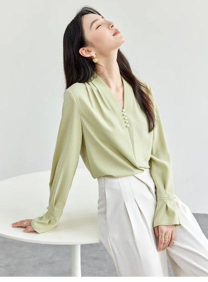 SENTUBILA Chiffon Blouse Women's New Spring 2025 Flare Sleeve Folds Pearl