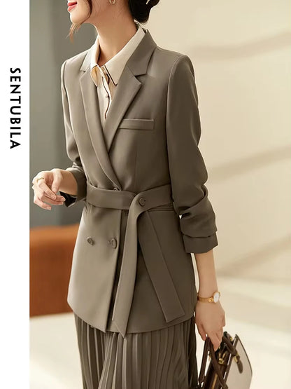 SENTUBILA 2-Piece Elegant Blazer and Skirt Set Long Sleeve Suit Jacket Pleated