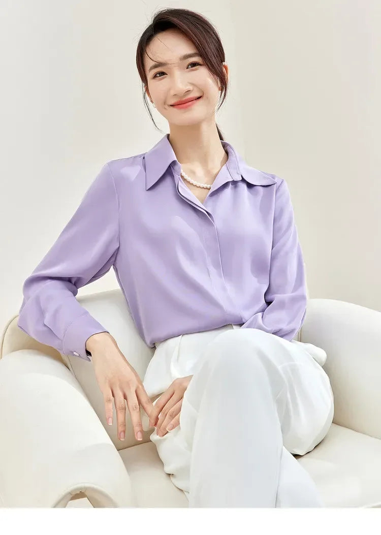 SENTUBILA Solid Office Blouse Chiffon Polo Neck Elegant Pearl Chain