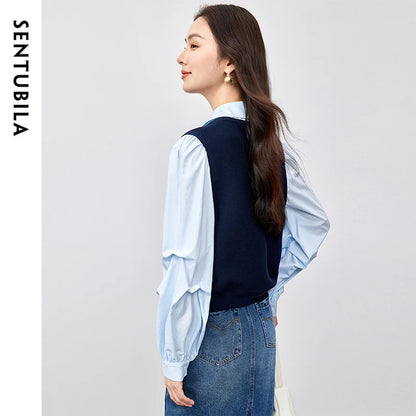 SENTUBILA Patchwork 2 in 1 Blouse 2025 Spring Fashion Spliced Striped Folds Drop Sleeve Chic