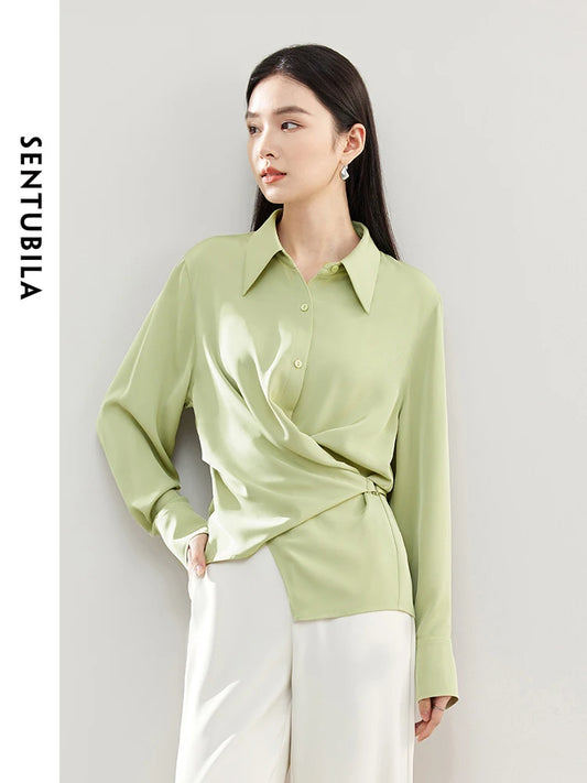 SENTUBILA Polo Collar Light Green Blouse