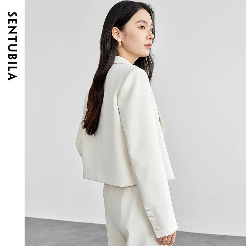 SENTUBILA Straight Crop Blazers Notched Neck Shoulder Pads