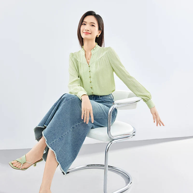 SENTUBILA Button Up Blouse Light Green Elegant Stand Collar