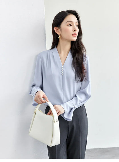 SENTUBILA Chiffon Blouse Women's New Spring 2025 Flare Sleeve Folds Pearl