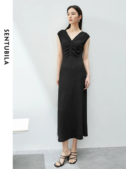 SENTUBILA Women V-Neck Shirring Long Tank Dress 2024 Summer Elegant Fashion Sleeveless A-line Knitted Dresses Woman 142L54118