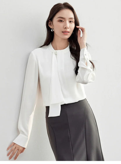 SENTUBILA Chiffon Ribbon Blouse Stand Collar Elegant Shirt