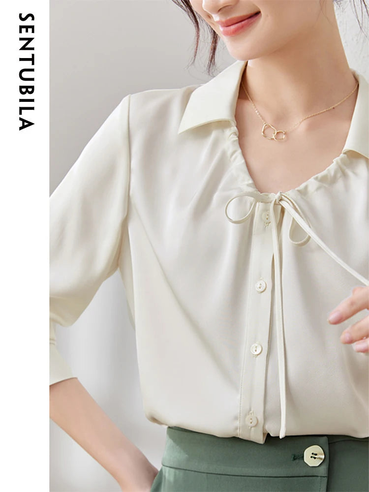 SENTUBILA Elegant Collared V Neck Chiffon Relaxed Fit Blouse