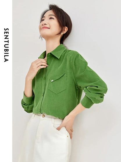 SENTUBILA Cotton Corduroy Shirt Lapel Single Breasted Green Loose Blouse