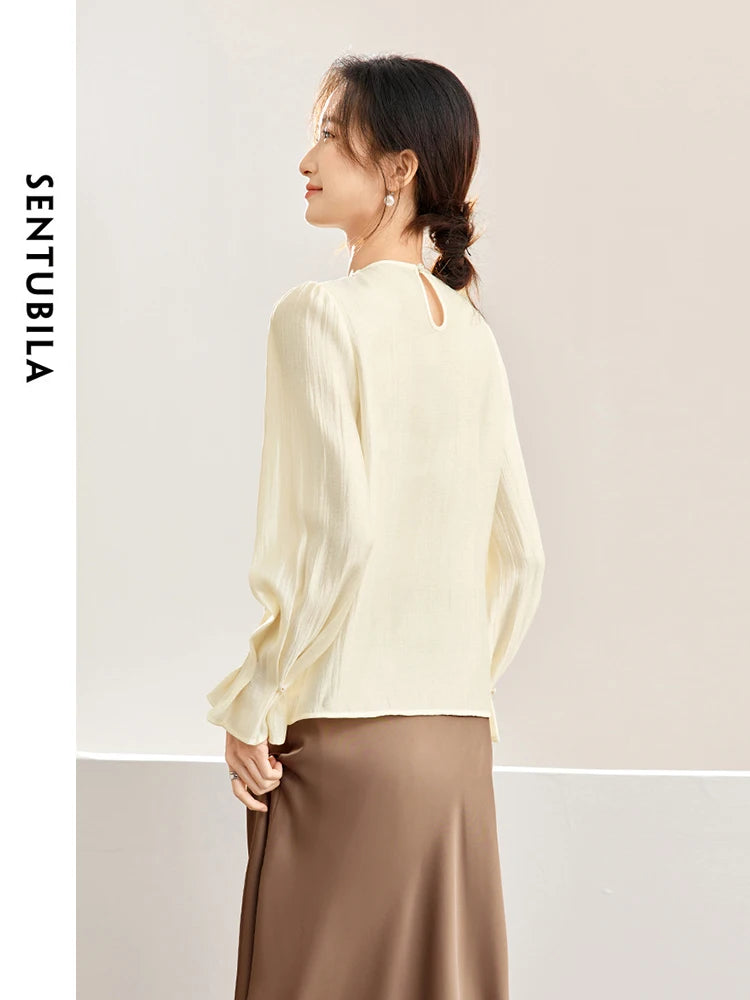 SENTUBILA Elegant Fashion Chiffon Blouse Round Neck Shirt Long Puff Sleeve