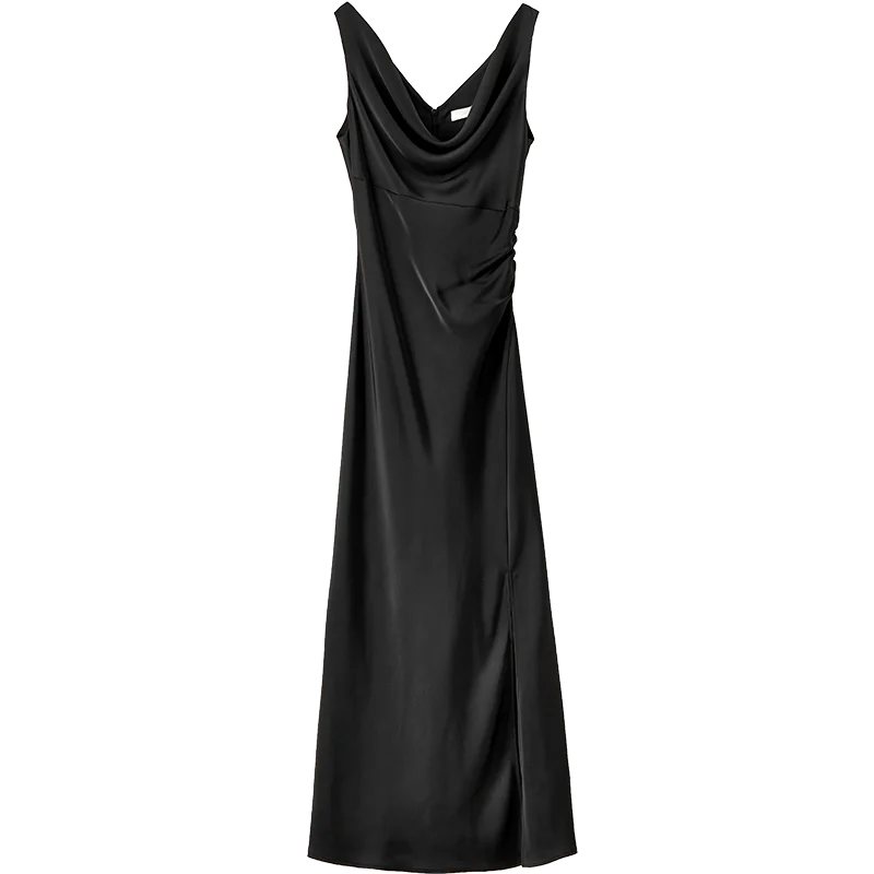 SENTUBILA Women Elegant Glossy Satin Black Dress Female 2024 Summer Slim Fit Sleeveless Slit Maxi Dress Party Club 142L55009