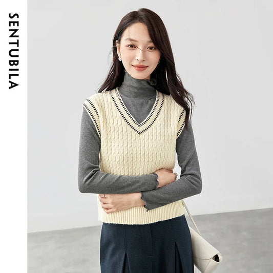 SENTUBILA Knitted Vest V Neck Screw Thread Sleeveless