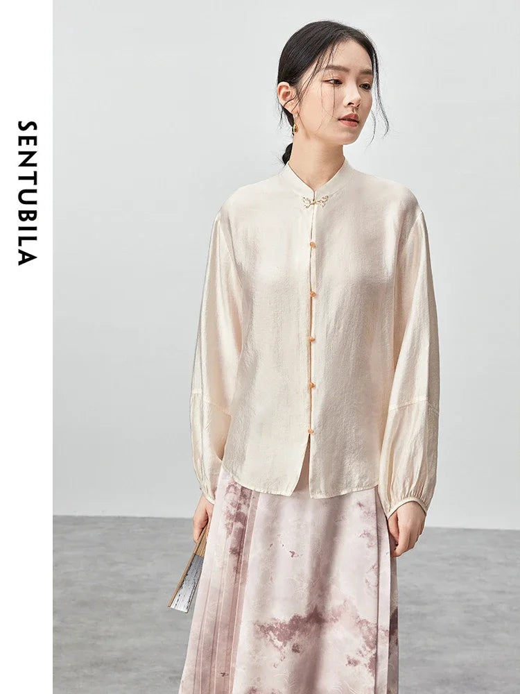 SENTUBILA Chinese Style Stand Neck Shirt Casual Loose Butterfly Button Lantern Sleeve