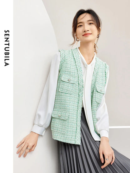 SENTUBILA V-neck Green Tweed Waistcoat