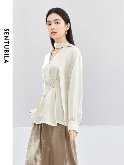 SENTUBILA Texture Satin Blouse Chiffon V Neck Long Sleeve Folds Metal Button