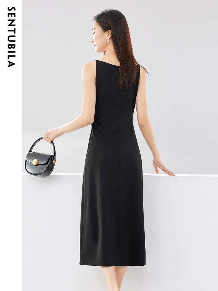 SENTUBILA Simple Party Black Midi Dress Women 2024 Spring Autumn Slim Temperament Slash Neck Sleeveless Lady Dresses Q33L52443