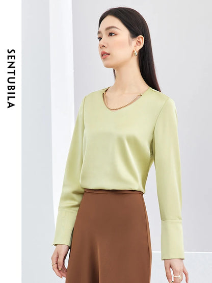 SENTUBILA Green Satin Blouse Elegant Chain V Neck Long Sleeve Simple