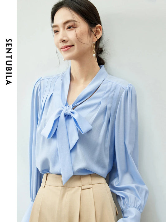 SENTUBILA Bow Chiffon Blouse Camisole 2-Piece Set Women Thin Button Up Shirt Tank Top