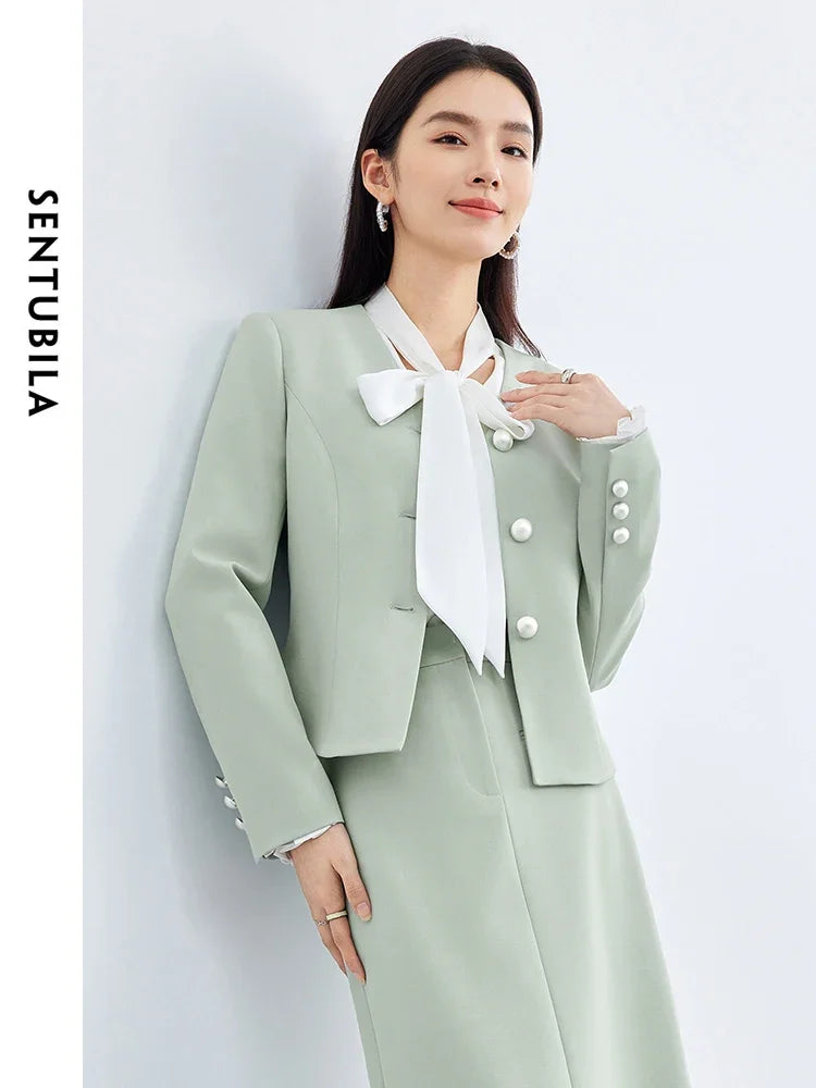 SENTUBILA V-neck Casual Blazer Glossy Button Suit