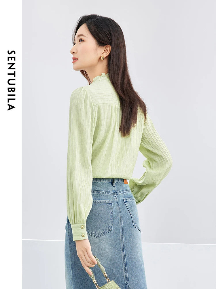 SENTUBILA Button Up Blouse Light Green Elegant Stand Collar