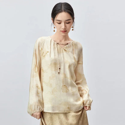 SENTUBILA Chinese Style Chiffon Blouse Casual Loose Butterfly Print Puff Sleeve Elegant