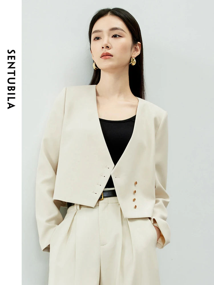 SENTUBILA Cropped Loose Suit Jacket Single Breasted