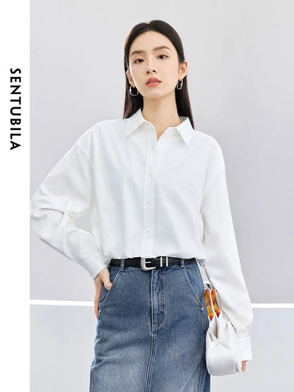 SENTUBILA Cropped White Solid Polo Collar Button Up